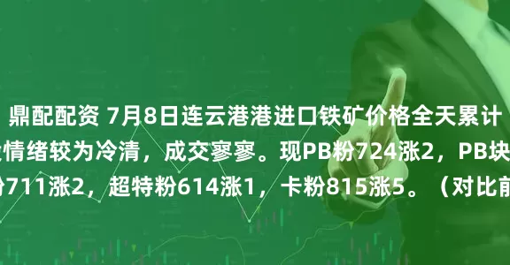 鼎配配资 7月8日连云港港进口铁矿价格全天累计上涨1-5。市场交投情绪较为冷清，成交寥寥。现PB粉724涨2，PB块869涨2，纽曼粉711涨2，超特粉614涨1，卡粉815涨5。（对比前一工作日晚间价格；单位：元/湿吨)