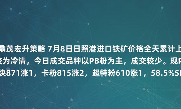 鼎茂宏升策略 7月8日日照港进口铁矿价格全天累计上涨1-2。市场交投情绪较为冷清，今日成交品种以PB粉为主，成交较少。现PB粉723涨2，PB块871涨1，卡粉815涨2，超特粉610涨1，58.5%SP10粉651平，48.5%榕海烘干镍铁矿385平。(对比前一工作日晚间价格；单位：元/湿吨)